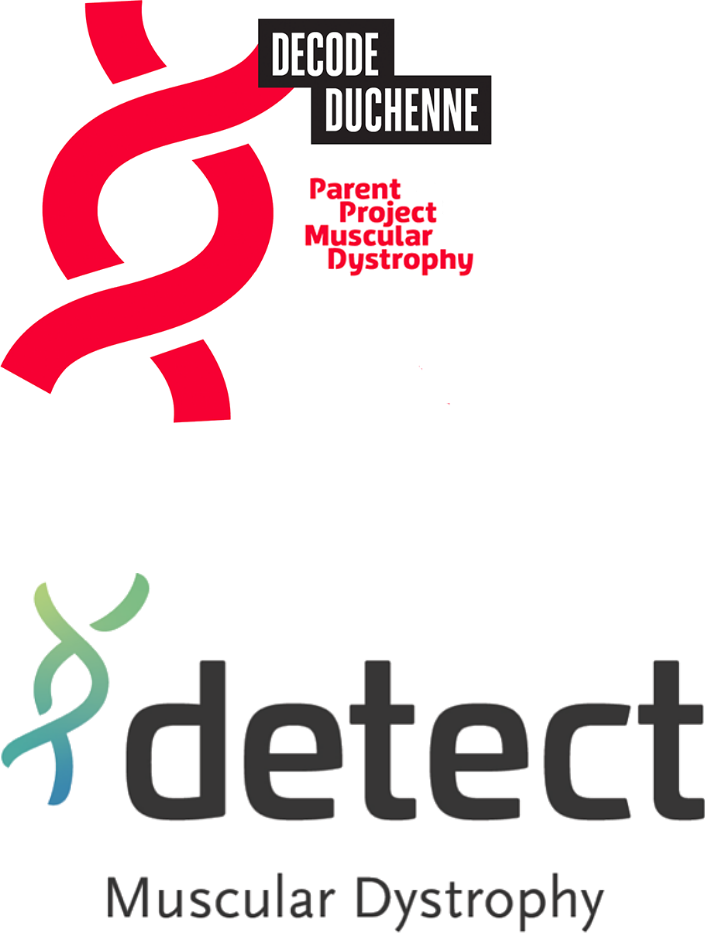 Graphic showing two logos. First DECODE DUCHENNE - Parent Project Muscular Dystrophy; Second detect Muscular Dystrophy