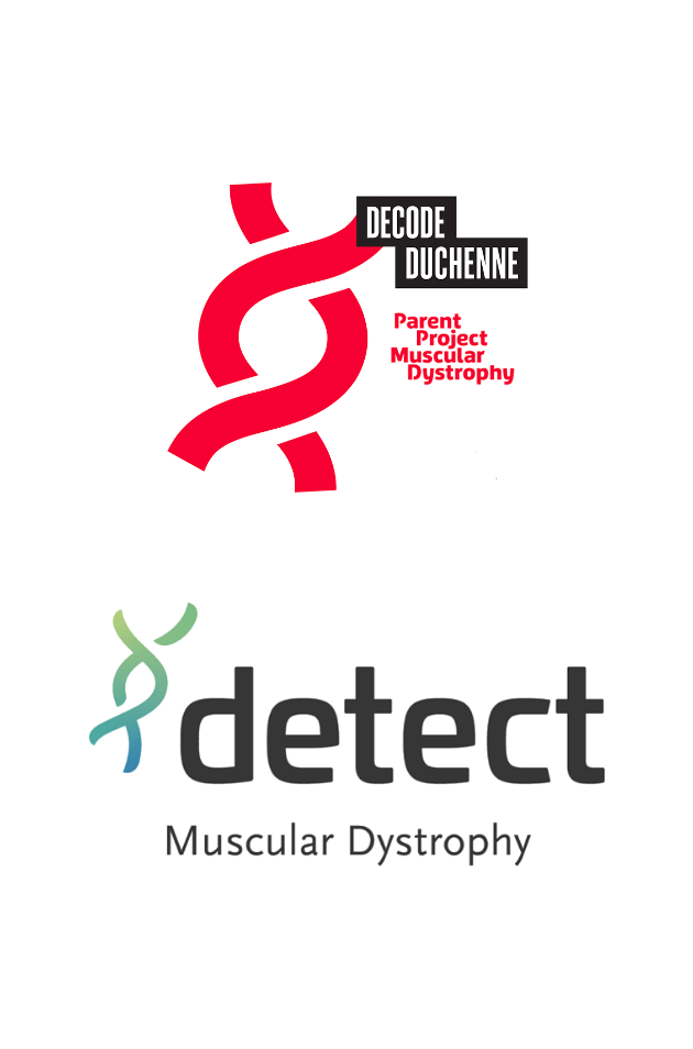 Graphic showing two logos. First DECODE DUCHENNE - Parent Project Muscular Dystrophy; Second detect Muscular Dystrophy